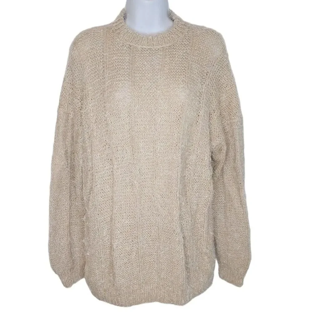 Women's M/L Hand Knit Handmade Pullover Sweater Beige Eyelash Cable‎ Mock Neck